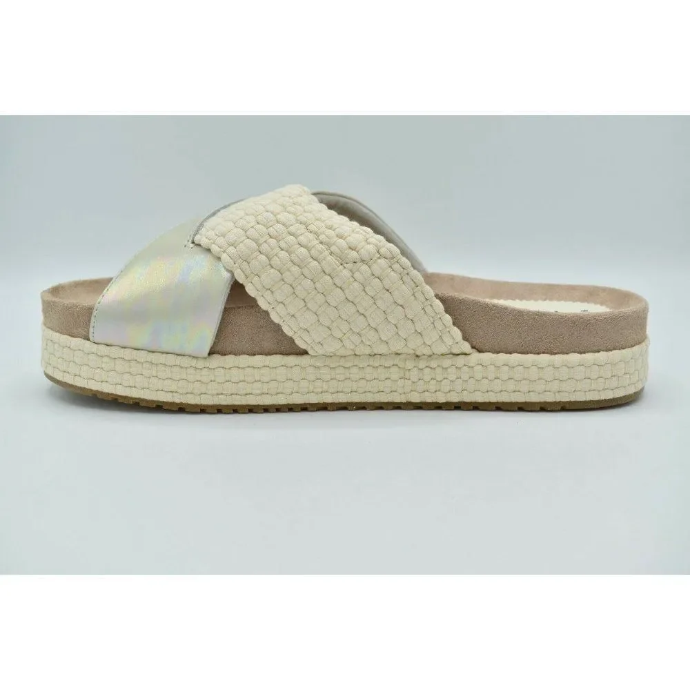 Toms Womens Size 9 Silver Iridescent Leather Woven Trim Paloma Platform Slide‎